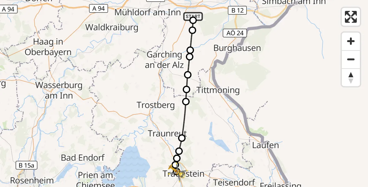 Flugroute Rettungshubschrauber Altötting-Burghausen District Hospital Altötting - Traunstein Krankenhaus Hubschrauberlandeplatz, 23 Mai 2026, 12:59