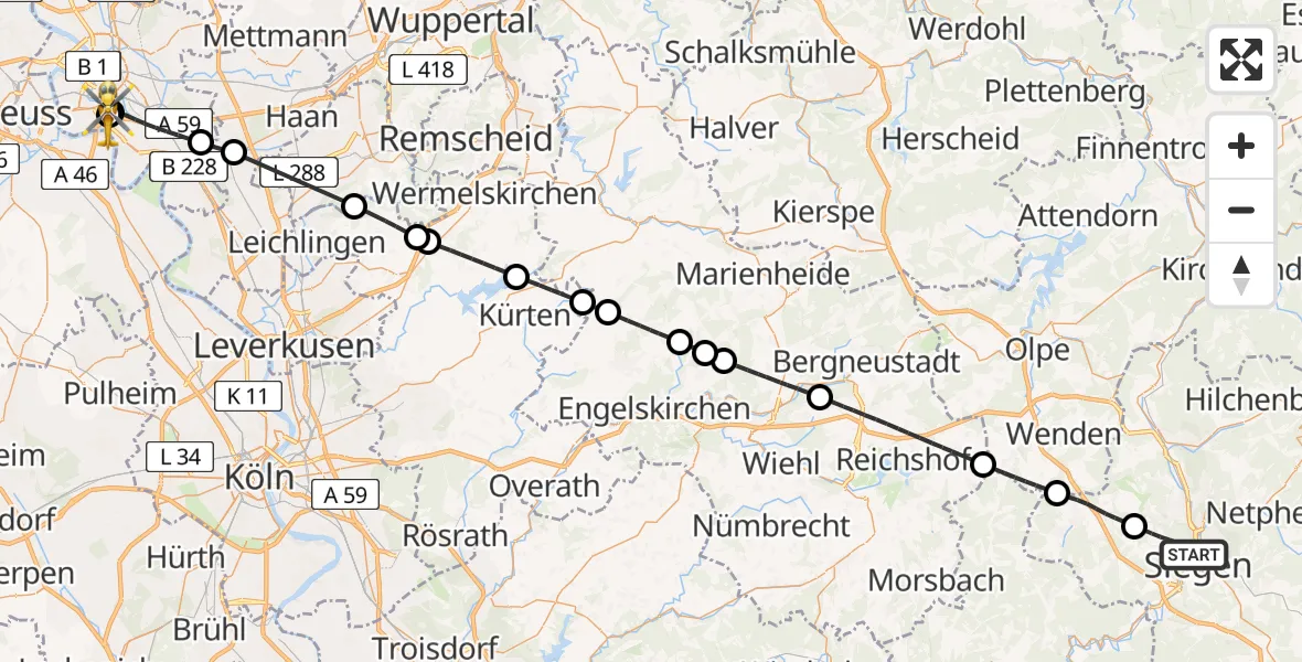 Flugroute Rettungshubschrauber Siegen - Düsseldorf University Hospital, 23 Mai 2026, 13:00