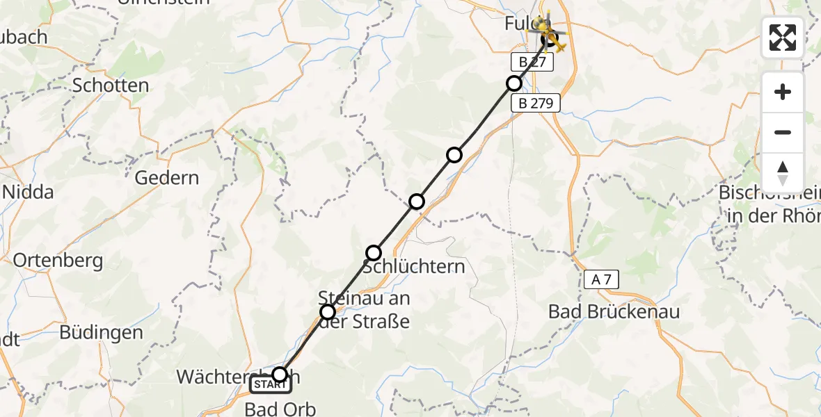 Flugroute Rettungshubschrauber Wächtersbach - Fulda Hospital, 23 Mai 2026, 13:02