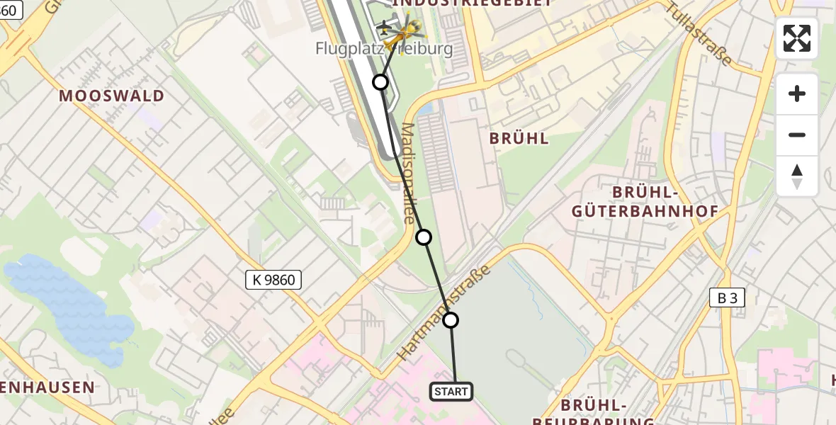 Flugroute Rettungshubschrauber Freiburg University Hospital Heliport 1 - Freiburg im Breisgau Flugplatz, 23 Mai 2026, 13:06