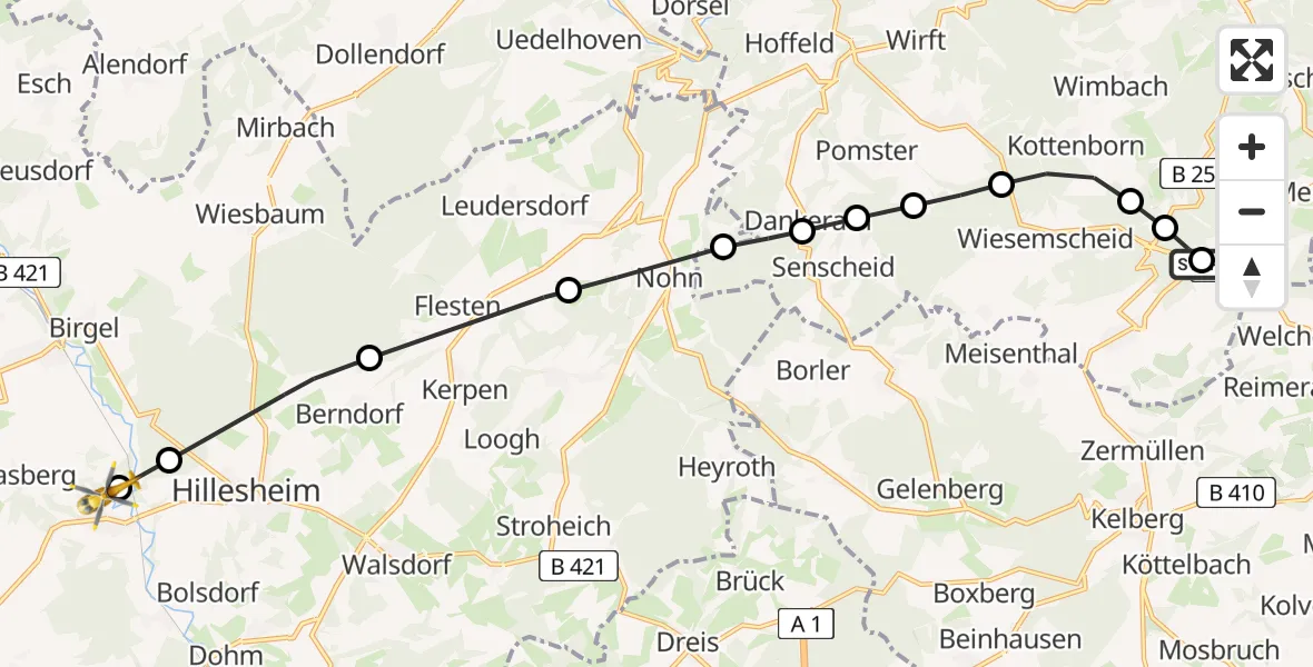 Flugroute Ambulanzhubschrauber Nürburgring Hubschrauberlandeplatz - Oberbettingen, 23 Mai 2026, 13:07