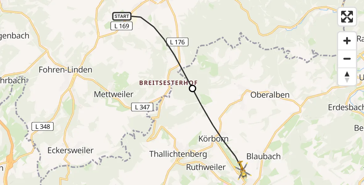 Flugroute Rettungshubschrauber Baumholder - Kusel, 23 Mai 2026, 13:07