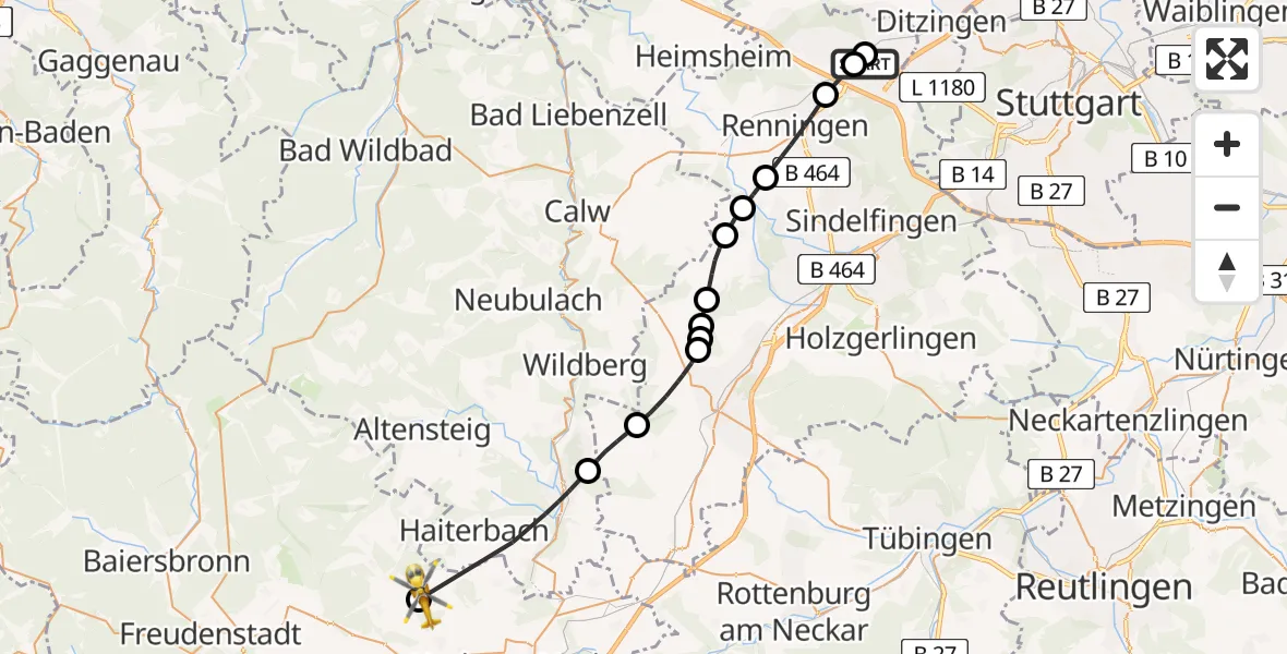 Flugroute Rettungshubschrauber Leonberg Hospital - Waldachtal, 23 Mai 2026, 13:10