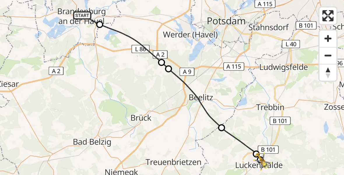 Flugroute Rettungshubschrauber Brandenburg an der Havel - KMG Hospital Luckenwalde, 23 Mai 2026, 13:25