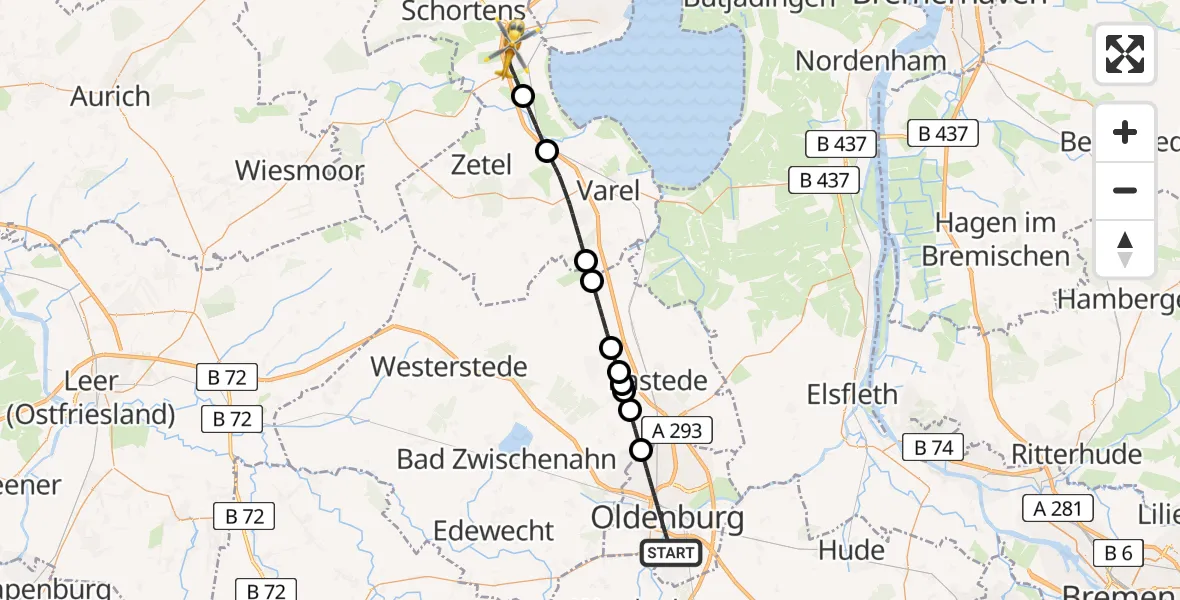 Flugroute Rettungshubschrauber Oldenburg (Oldb) - Sande, 23 Mai 2026, 13:27