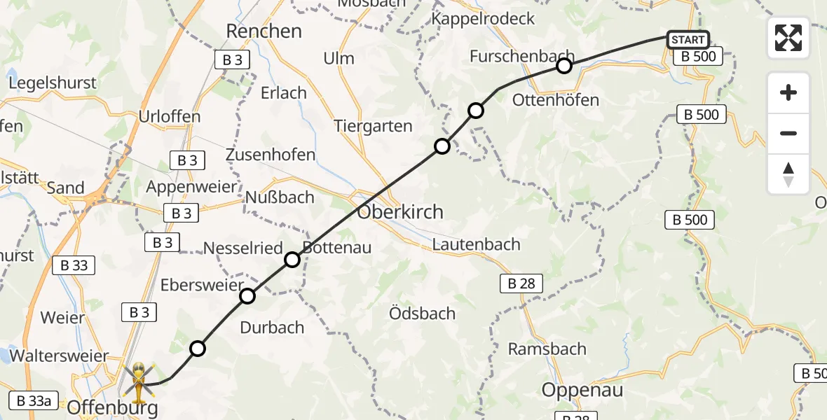 Flugroute Rettungshubschrauber Seebach - Offenburg, 23 Mai 2026, 13:30
