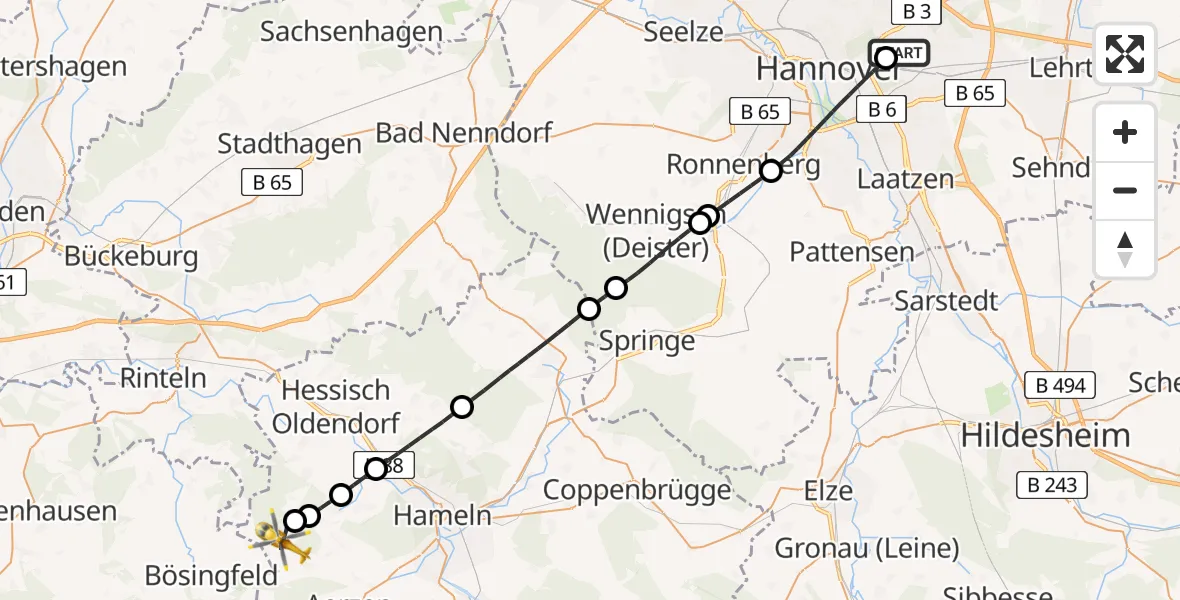 Flugroute Rettungshubschrauber Hannover Luftrettung Hubschrauberlandeplatz (Christoph 4) - Aerzen, 23 Mai 2026, 13:35