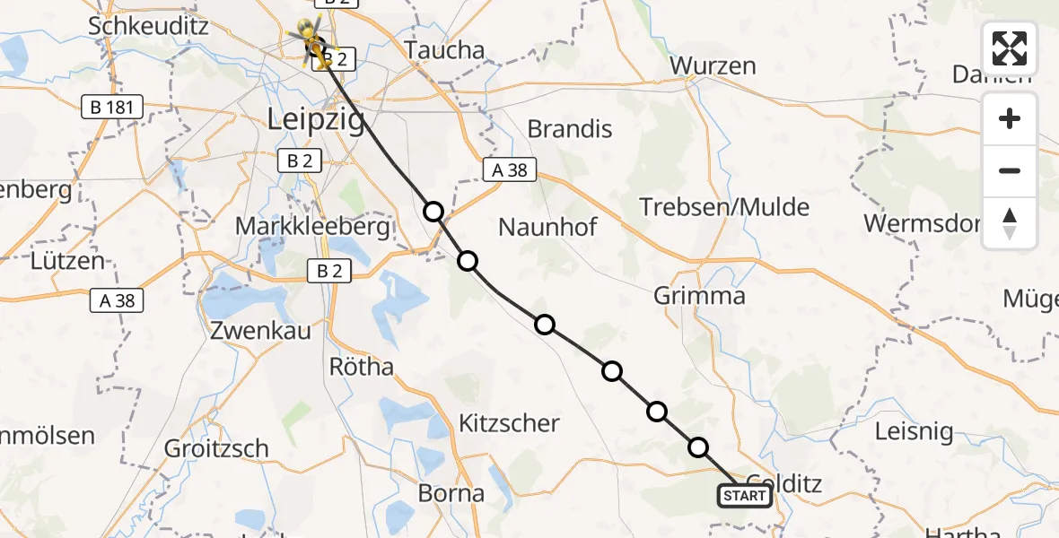 Flugroute Rettungshubschrauber Colditz - Sankt Georg Hospital Leipzig Reserve, 23 Mai 2026, 13:40