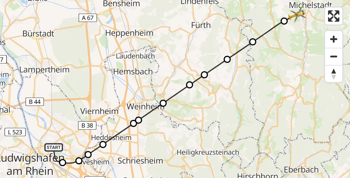 Flugroute Rettungshubschrauber Mannheim - Erbach, 23 Mai 2026, 13:41