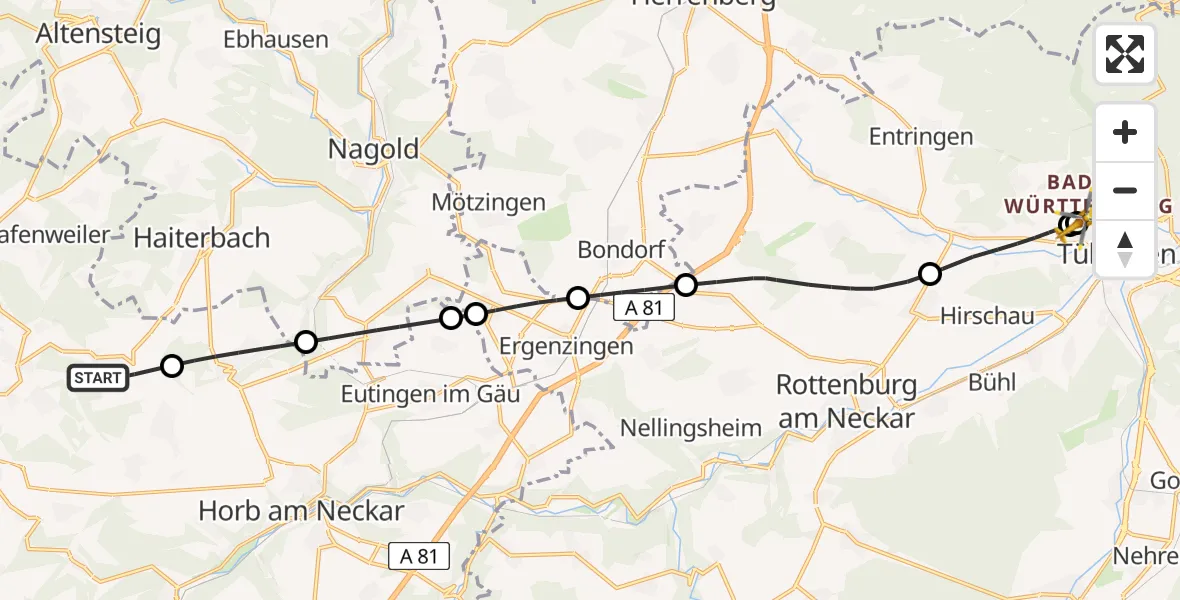 Flugroute Rettungshubschrauber Waldachtal - Tübingen University Hospital, 23 Mai 2026, 13:44