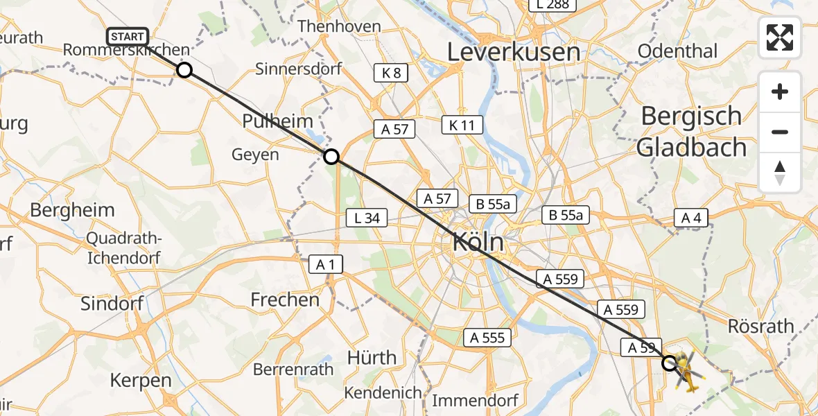 Flugroute Rettungshubschrauber Rommerskirchen - Köln Bonn Flughafen, 23 Mai 2026, 13:47