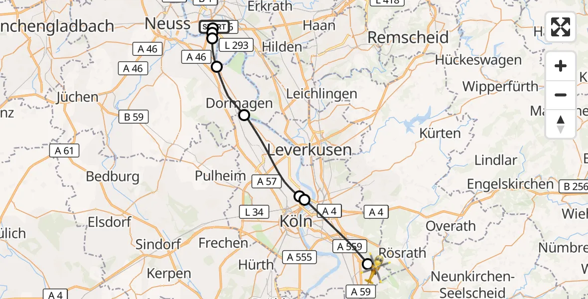 Flugroute Rettungshubschrauber Düsseldorf University Hospital - Köln Bonn Flughafen, 23 Mai 2026, 13:48