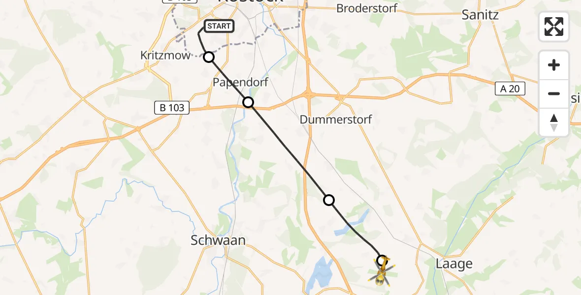 Flugroute Rettungshubschrauber Rostock - Flughafen Rostock-Laage, 23 Mai 2026, 13:50
