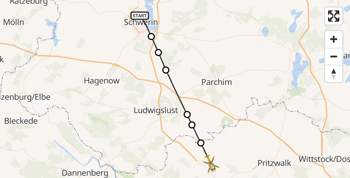 Flugroute Rettungshubschrauber Schwerin - Karstädt, 23 Mai 2026, 13:55