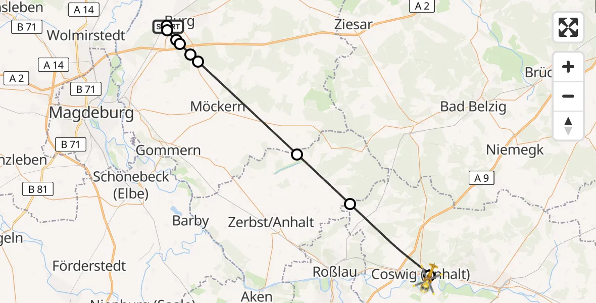 Flugroute Rettungshubschrauber Jerichower Land District Hospital - MediClin Heart Center Coswig Hubschrauberlandeplatz, 23 Mai 2026, 14:00