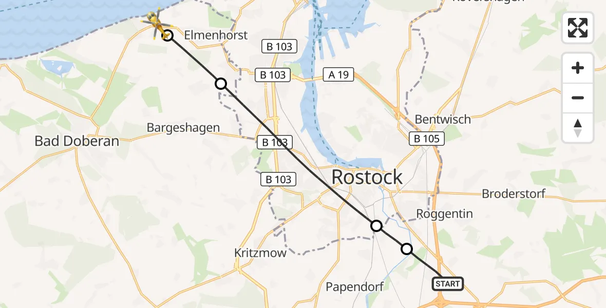 Flugroute Ambulanzhubschrauber Dummerstorf - Nienhagen, 23 Mai 2026, 14:02