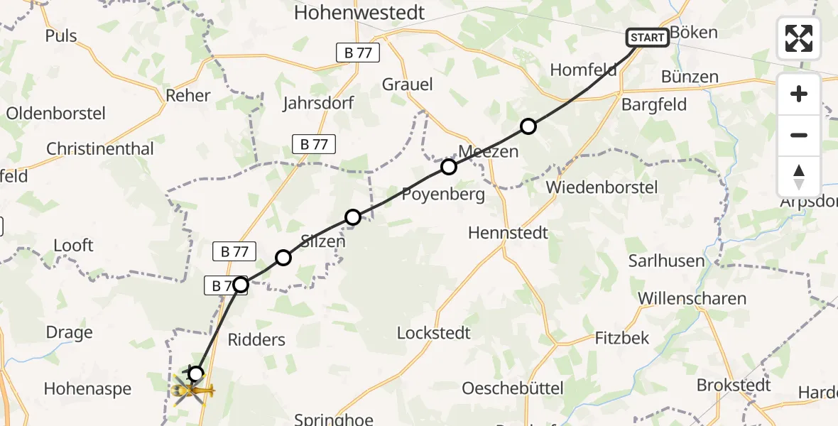 Flugroute Rettungshubschrauber Aukrug - Itzehoe Hungriger Wolf Flugplatz, 23 Mai 2026, 14:03