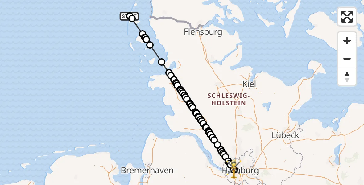 Flugroute Rettungshubschrauber Sylt - Asklepios Hospital Altona, 23 Mai 2026, 14:03