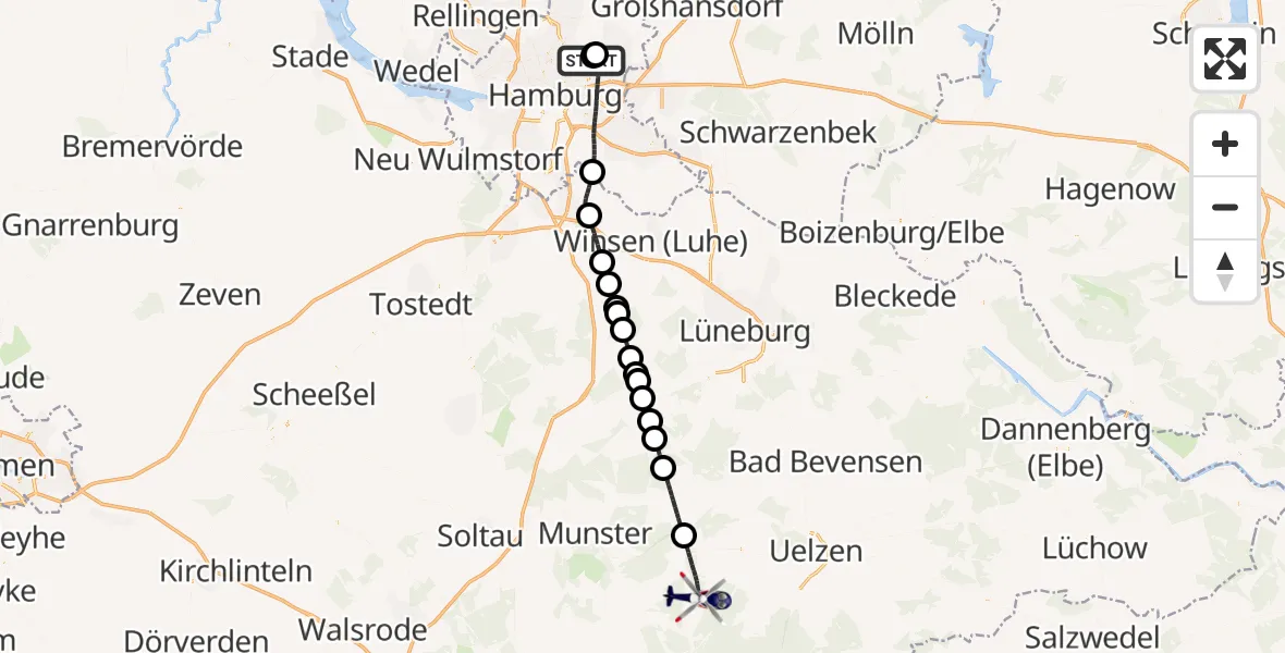 Flugroute Polizeihubschrauber Hamburg Military Hospital - Eimke, 23 Mai 2026, 14:03