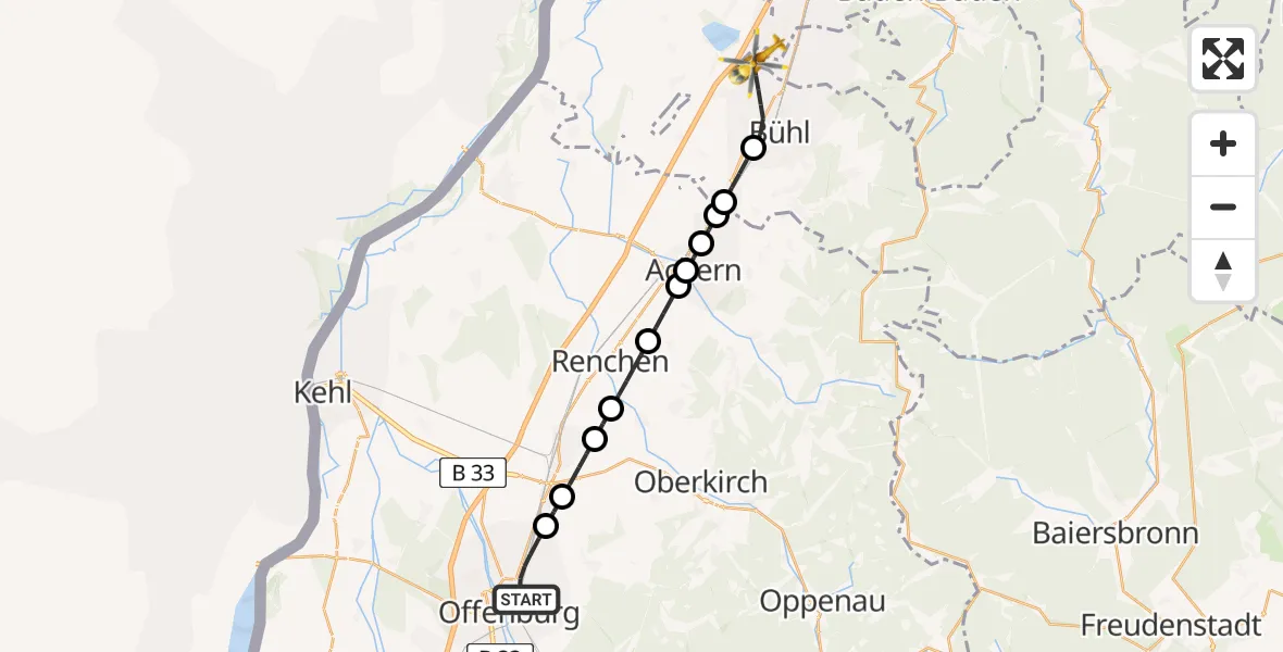 Flugroute Rettungshubschrauber Offenburg - Bühl, 23 Mai 2026, 14:05