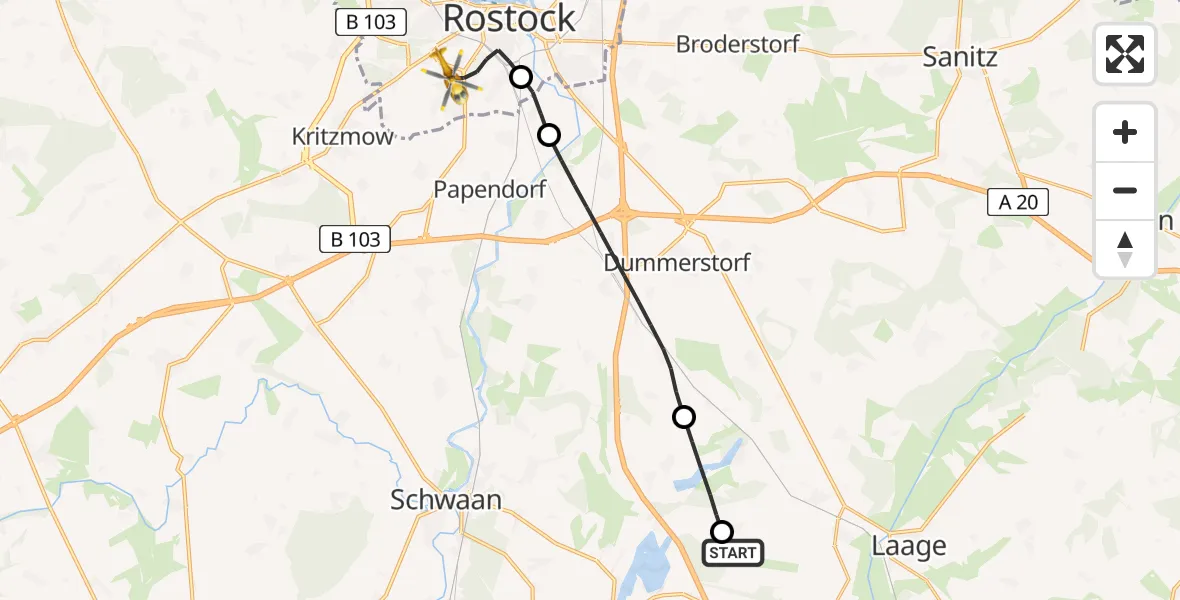 Flugroute Rettungshubschrauber Flughafen Rostock-Laage - Rostock, 23 Mai 2026, 14:15