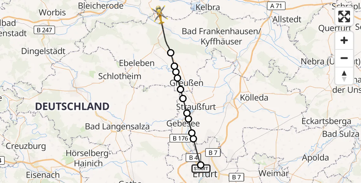 Flugroute Rettungshubschrauber Helios Clinic Erfurt - Sondershausen, 23 Mai 2026, 14:15