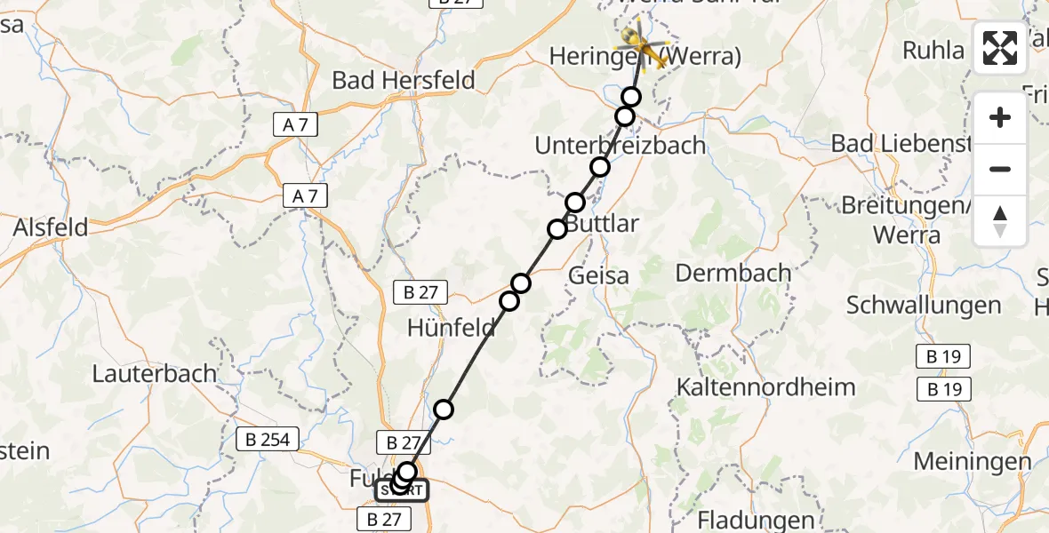 Flugroute Rettungshubschrauber Fulda Hospital - Heringen (Werra), 23 Mai 2026, 14:19
