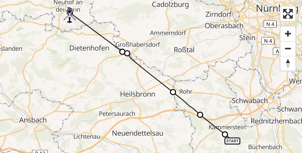Flugroute Polizeihubschrauber Büchenbach - Neuhof a.d.Zenn, 23 Mai 2026, 14:19