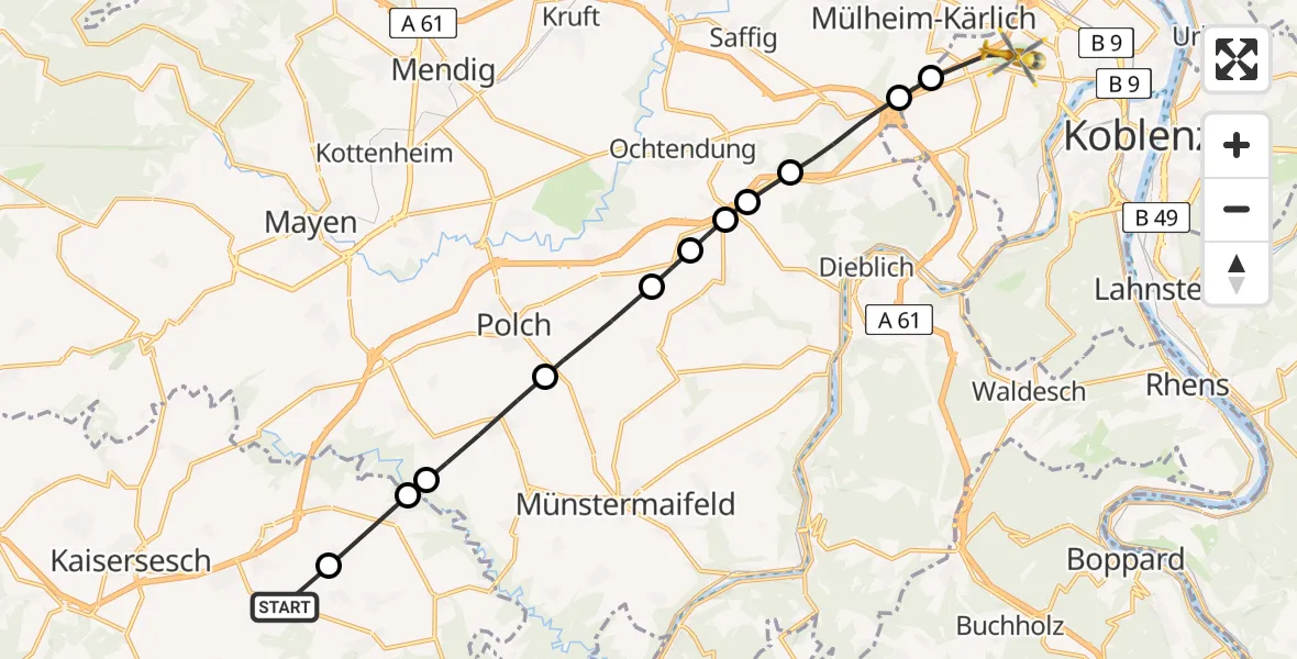 Flugroute Rettungshubschrauber Zettingen - Koblenz, 23 Mai 2026, 14:21