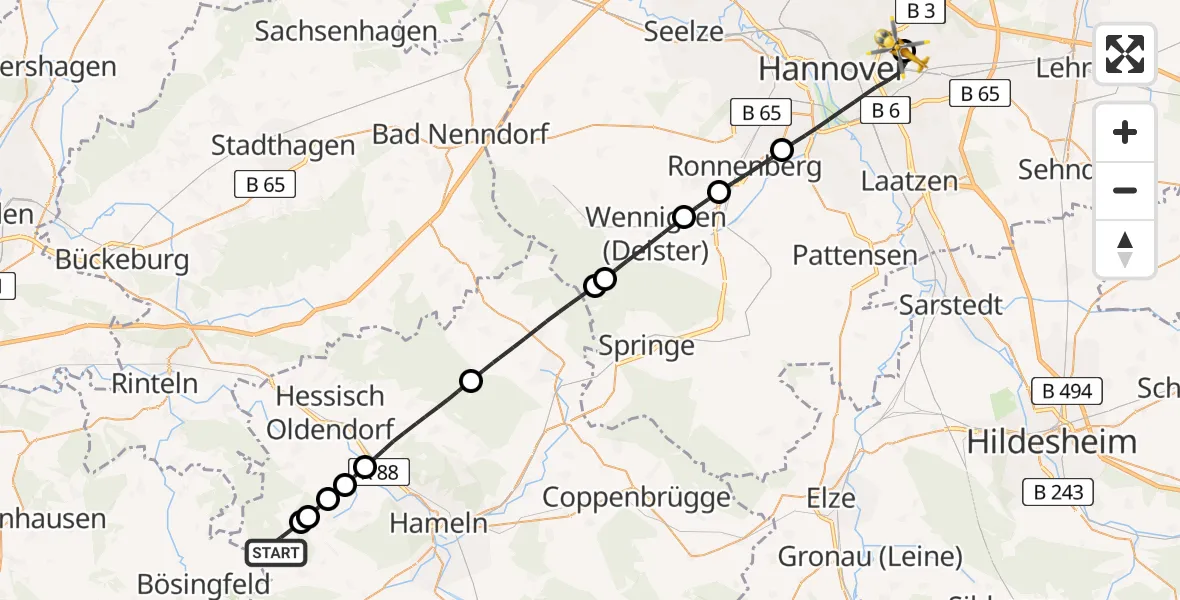 Flugroute Rettungshubschrauber Aerzen - Hannover Luftrettung Hubschrauberlandeplatz (Christoph 4), 23 Mai 2026, 14:22