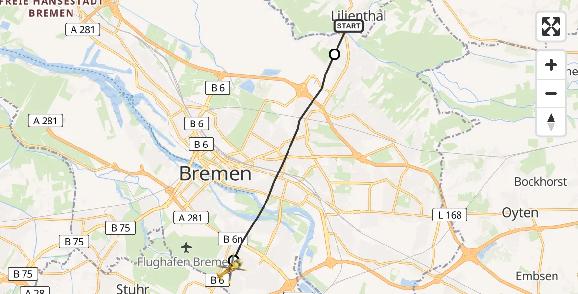 Flugroute Rettungshubschrauber Lilienthal - ADAC Air Rescue Station Bremen Hubschrauberlandeplatz (Christoph 6), 23 Mai 2026, 14:25