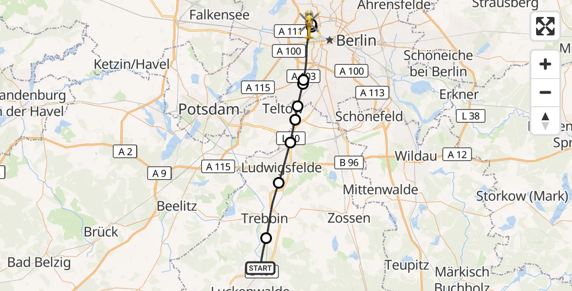 Flugroute Rettungshubschrauber Nuthe-Urstromtal - Charité Clinic Virchow Campus Hubschrauberlandeplatz, 23 Mai 2026, 14:25