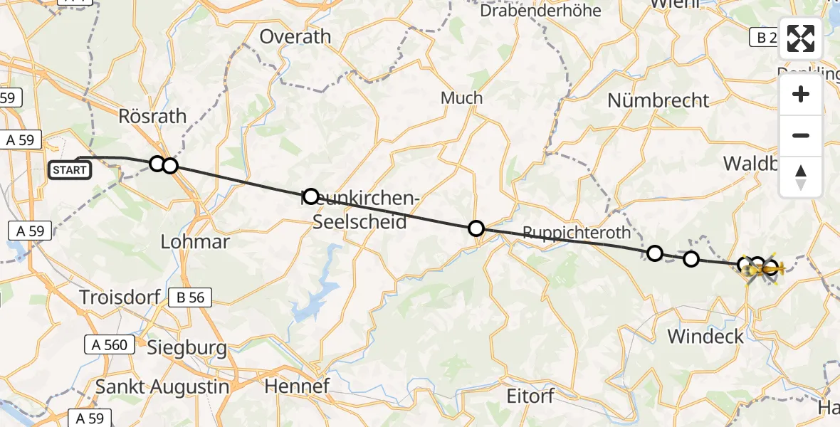 Flugroute Rettungshubschrauber Köln Bonn Flughafen - Windeck, 23 Mai 2026, 14:26