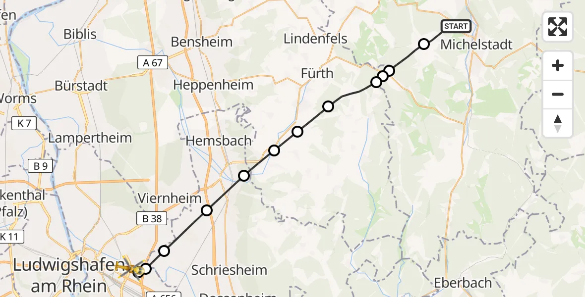 Flugroute Rettungshubschrauber Michelstadt - Mannheim-City Flughafen, 23 Mai 2026, 14:26