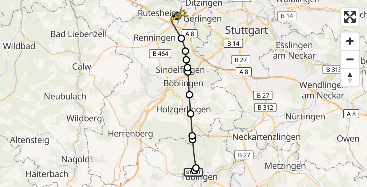 Flugroute Rettungshubschrauber Tübingen University Hospital - Leonberg Hospital, 23 Mai 2026, 14:27
