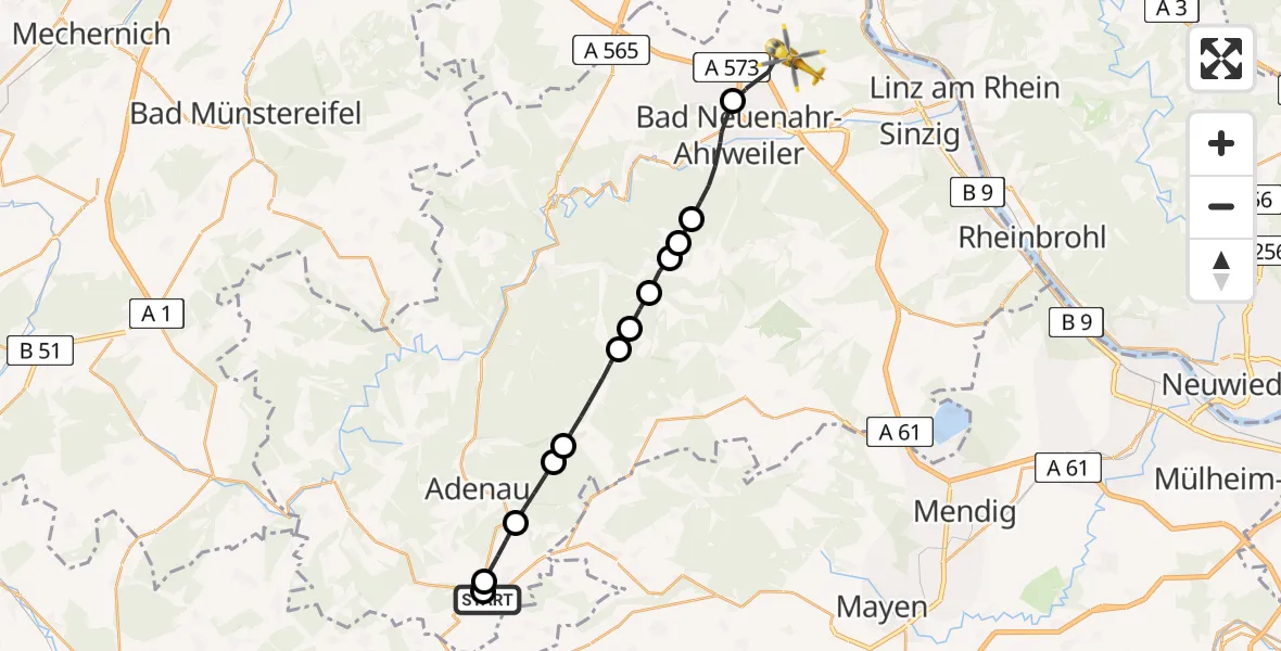Flugroute Ambulanzhubschrauber Nürburgring Hubschrauberlandeplatz - Grafschaft, 23 Mai 2026, 14:28