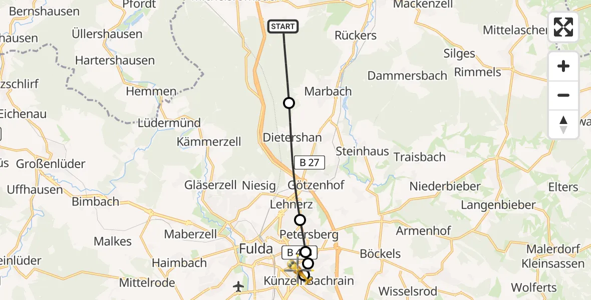 Flugroute Rettungshubschrauber Hünfeld - Fulda Hospital, 23 Mai 2026, 14:36