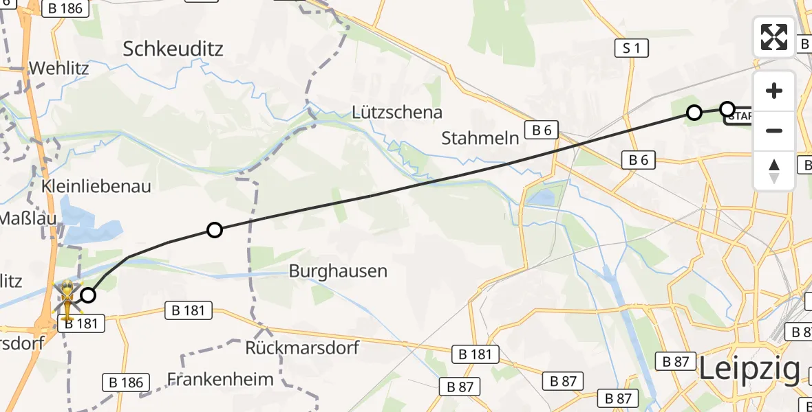 Flugroute Rettungshubschrauber Sankt Georg Hospital Leipzig Reserve - ADAC Air Rescue Station Leipzig/Schkeuditz-Dölzig Hubschrauberlandeplatz (Christoph 61), 23 Mai 2026, 14:36