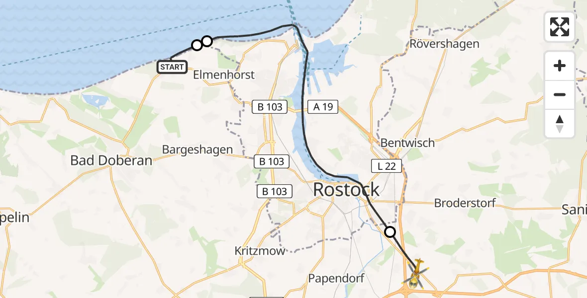 Flugroute Ambulanzhubschrauber Nienhagen - Dummerstorf, 23 Mai 2026, 14:37