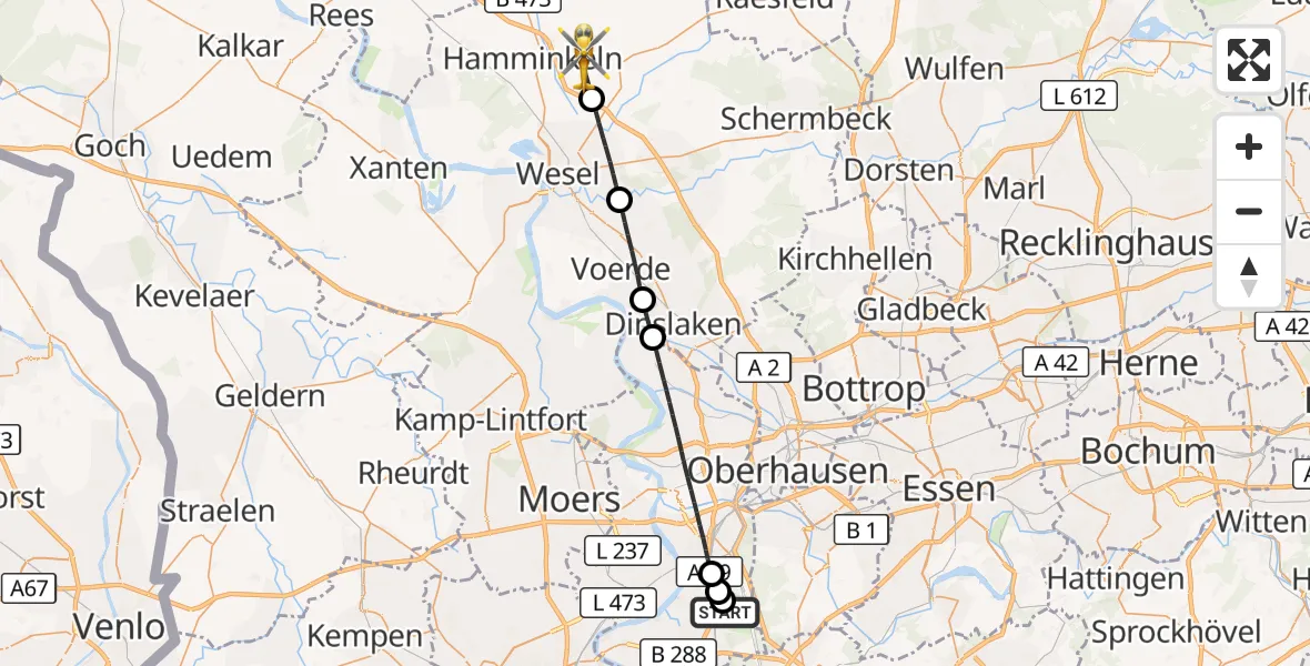 Flugroute Rettungshubschrauber Duisburg Air Rescue Hubschrauberlandeplatz (Christoph 9) - Hamminkeln, 23 Mai 2026, 14:40