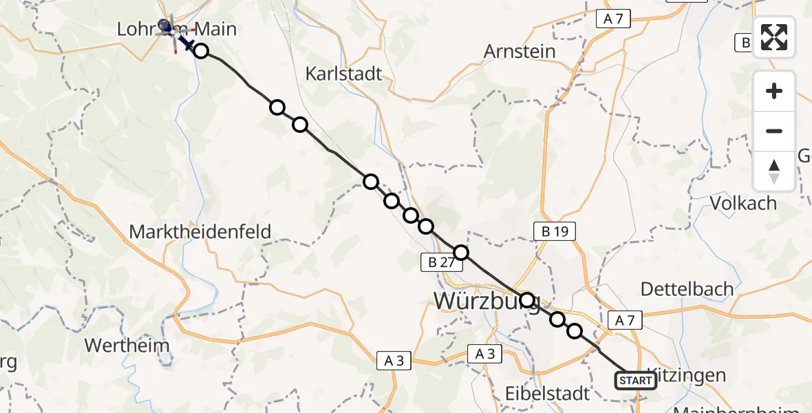 Flugroute Polizeihubschrauber Biebelried - Lohr a.Main, 23 Mai 2026, 14:41
