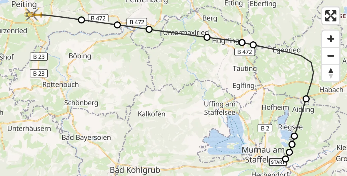 Flugroute Rettungshubschrauber Murnau Accident Hospital - Peiting, 23 Mai 2026, 14:42