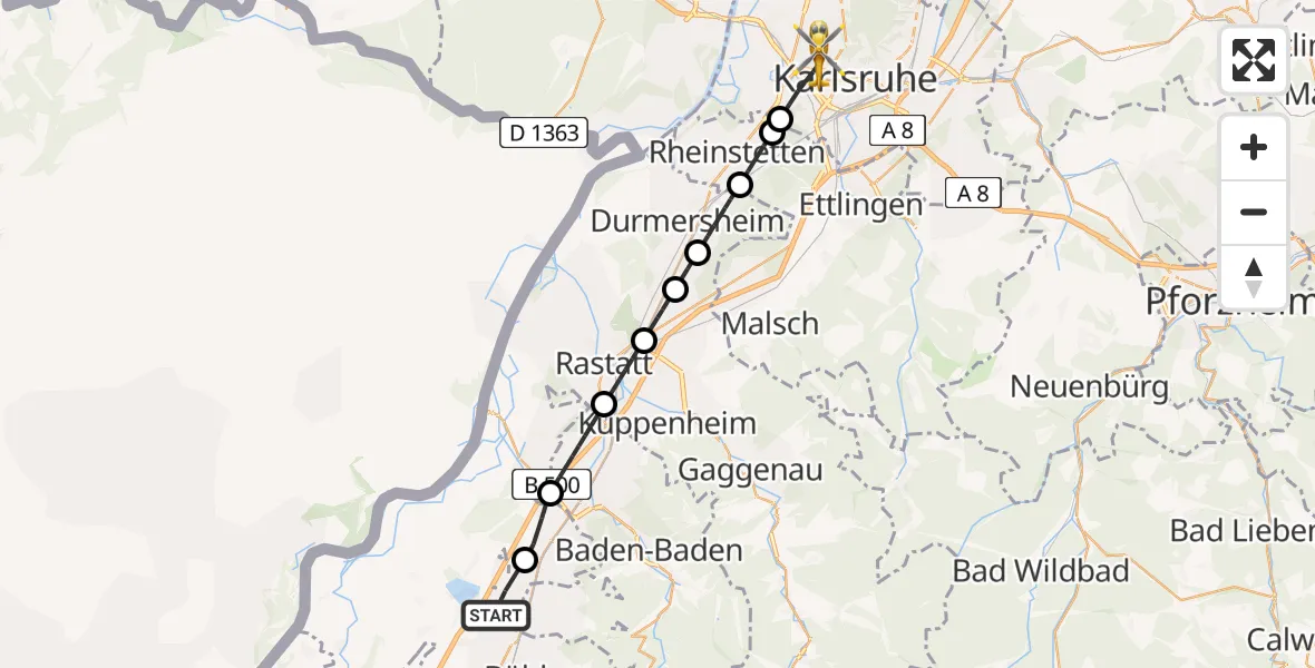 Flugroute Rettungshubschrauber Bühl - Karlsruhe, 23 Mai 2026, 14:46