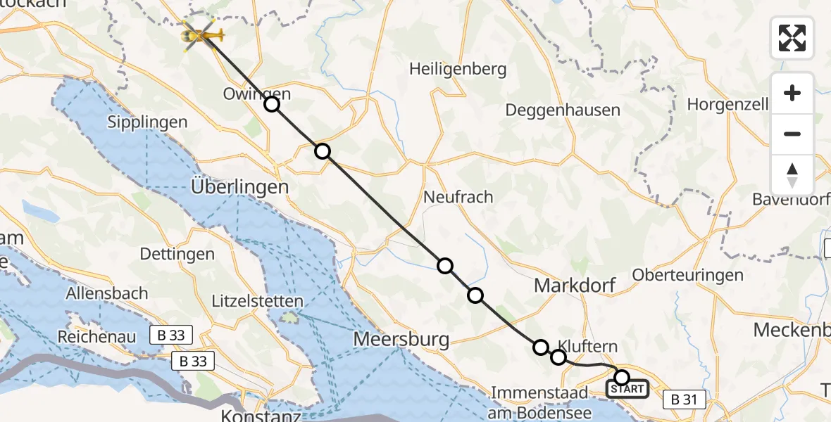 Flugroute Rettungshubschrauber Friedrichshafen Hospital - Owingen, 23 Mai 2026, 14:47