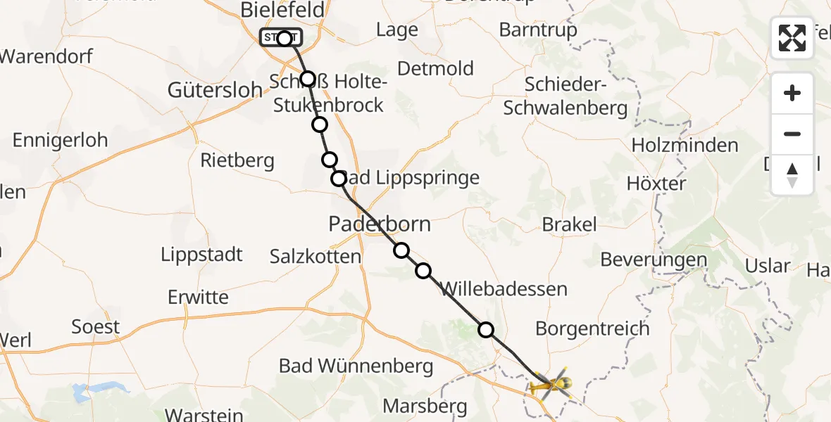 Flugroute Rettungshubschrauber Luftrettungszentrum Bielefeld - Warburg, 23 Mai 2026, 14:47