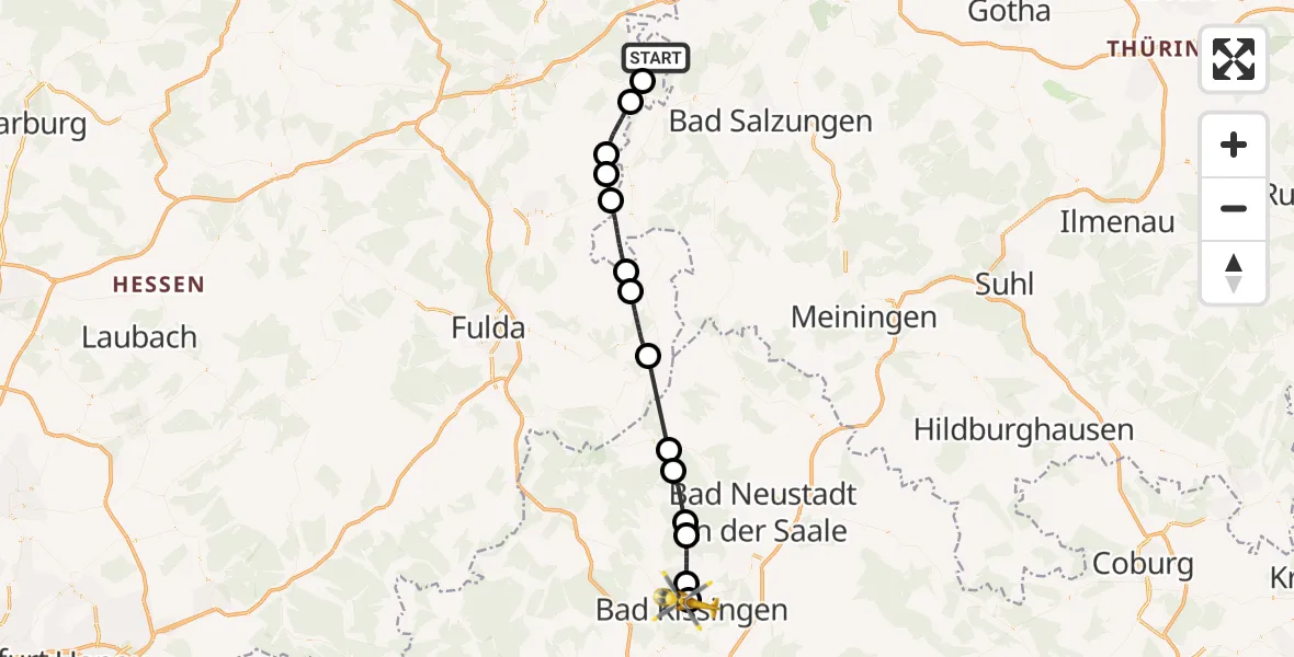 Flugroute Rettungshubschrauber Heringen (Werra) - Bad Kissingen Flugplatz, 23 Mai 2026, 14:57