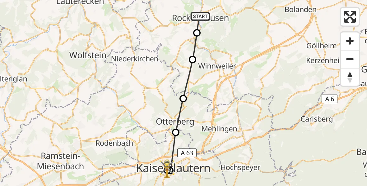 Flugroute Rettungshubschrauber Rockenhausen - Westpfalz Hospital Kaiserslautern, 23 Mai 2026, 14:59