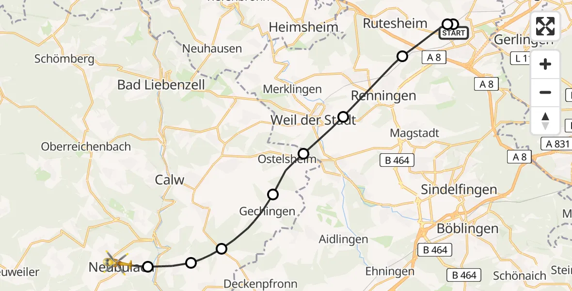 Flugroute Rettungshubschrauber Leonberg Hospital - Neubulach, 23 Mai 2026, 15:00