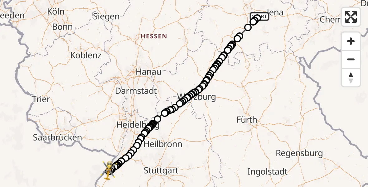 Flugroute Rettungshubschrauber Bad Berka - Karlsruhe Baden-Baden Flughafen, 23 Mai 2026, 15:02