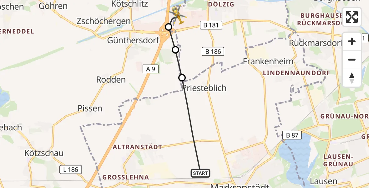 Flugroute Rettungshubschrauber Markranstädt - ADAC Air Rescue Station Leipzig/Schkeuditz-Dölzig Hubschrauberlandeplatz (Christoph 61), 23 Mai 2026, 15:04